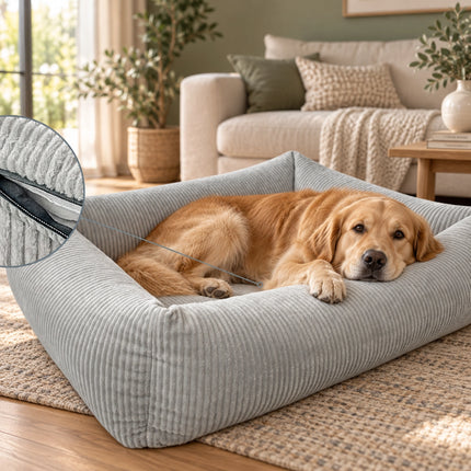 Hund liegt im Hundebett Like-Ortho Luke in Grau im Wohnzimmer