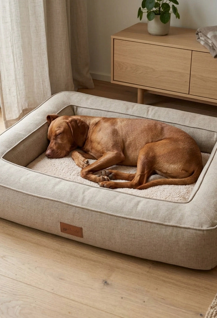 Hund schläft im orthopädischen Hundebett LIMA Ortho in Tabacco (Beige)