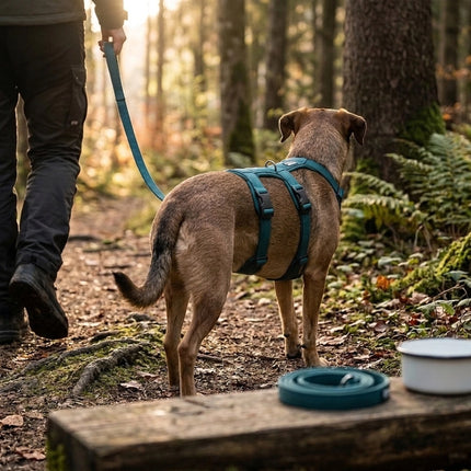Hund mit Sicherheitsgeschirr in Petrol beim Spaziergang an der Leine im Wald
