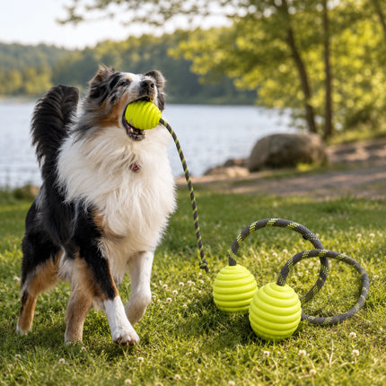 Schwimmfähiger Wurfball für Hunde mit robustem Bergsteigerseil
