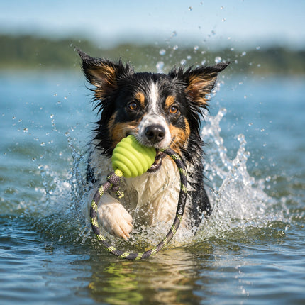 Schwimmfähiger Wurfball für Hunde mit Bergsteigerseil